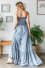 WASHED DENIM WIDE LEG ROMPER