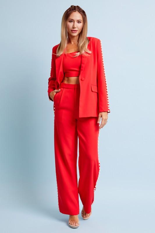 PEARL DETAIL BLAZER AND PANT SET  3PC