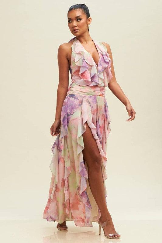 VINTAGE PRINT HALTER RUFFLE MAXI DRESS - PRIVILEGE 