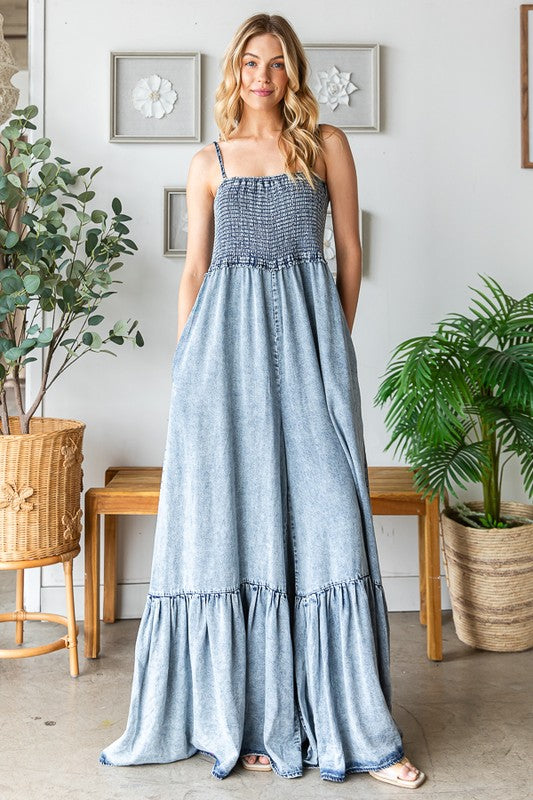 WASHED DENIM WIDE LEG ROMPER