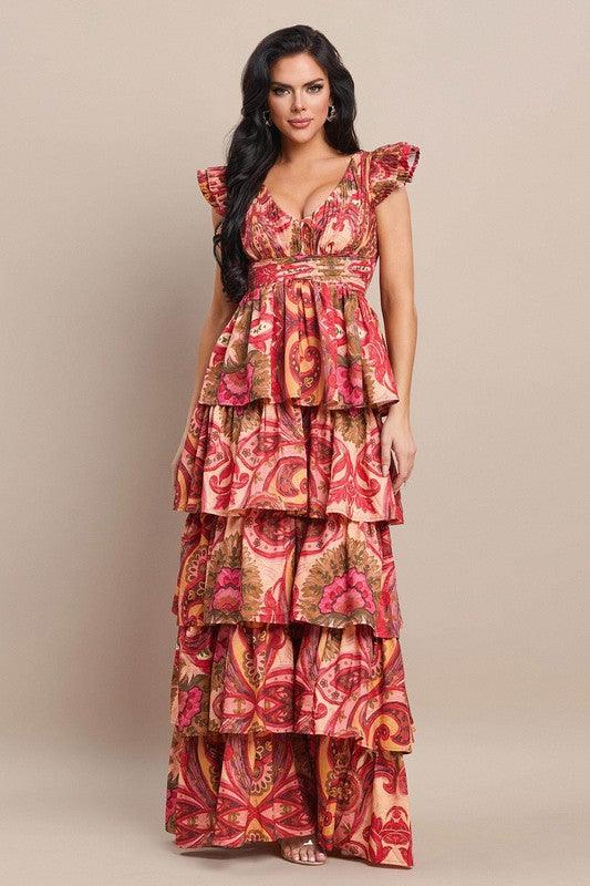 RUFFLE MAXI TIERED DRESS drawstring open back