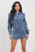 WASHED DENIM JACKET PANTS SET WITH RHINESTONE DETAIL