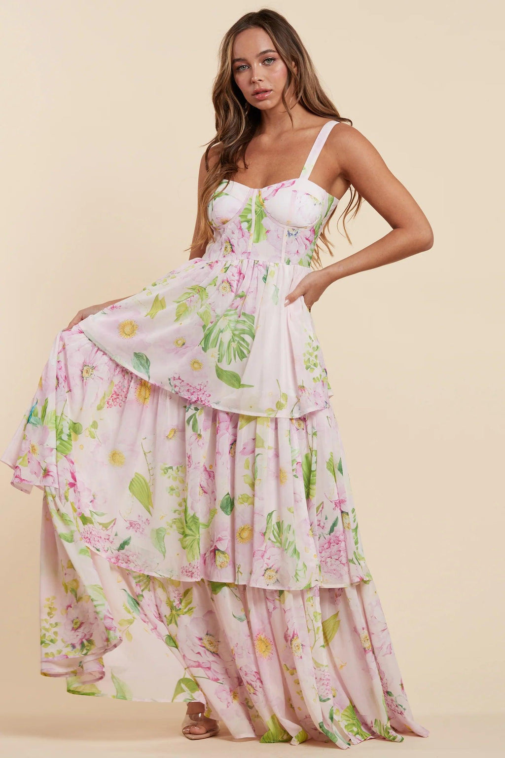 FLOWER PRINT CORSET STYLE MAXI DRESS - PRIVILEGE 