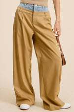 DENIM WAISTBAND SOLID WIDE LEG TROUSER PANT