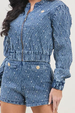 WASHED DENIM JACKET PANTS SET WITH RHINESTONE DETAIL