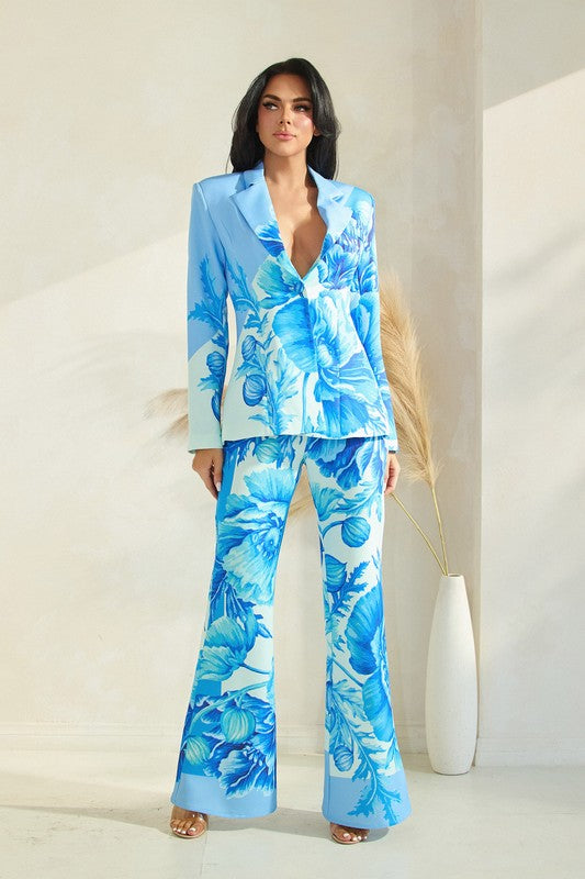 BIG FLOWER PRINT BLAZER FLARE PANT SET