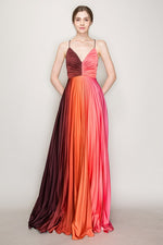 Ombre satin pleated back cut out maxi dress