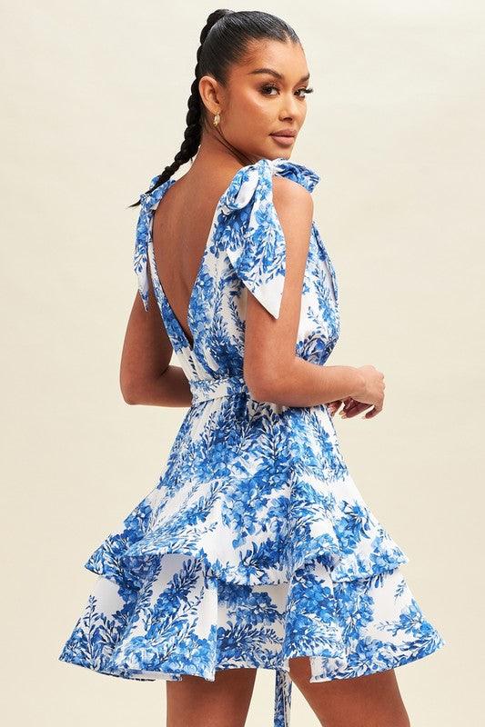 BLUE FLORALS TIE FLARE DRESS - PRIVILEGE 