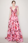 Organza Ruffle Shoulders Floral Tulle Maxi Dress