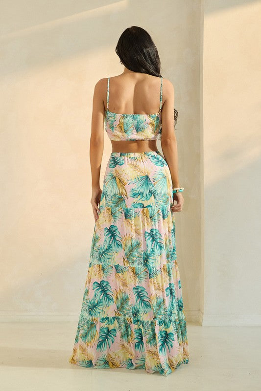 2PC CROP TOP WITH PLAM MAXI SKIRT