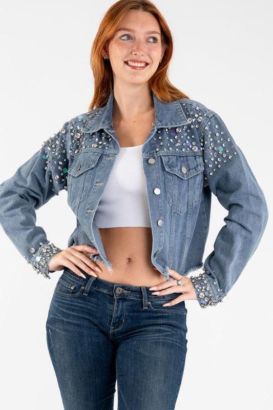 Crystal Studded Collar Yoke Twill Denim Jacket - PRIVILEGE 