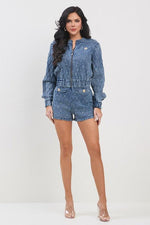 WASHED DENIM JACKET PANTS SET WITH RHINESTONE DETAIL