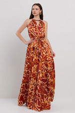 PRINTED HALTER NECK WITH METAL TIERED MAXI DRESS