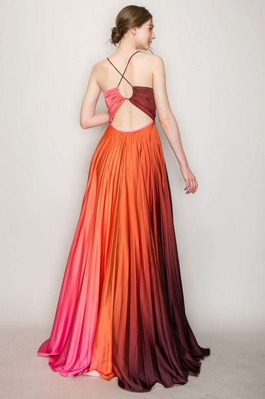 Ombre satin pleated back cut out maxi dress