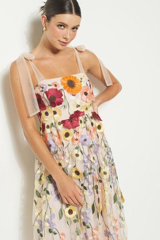 3D Floral Embroidered Tulle Midi Dress