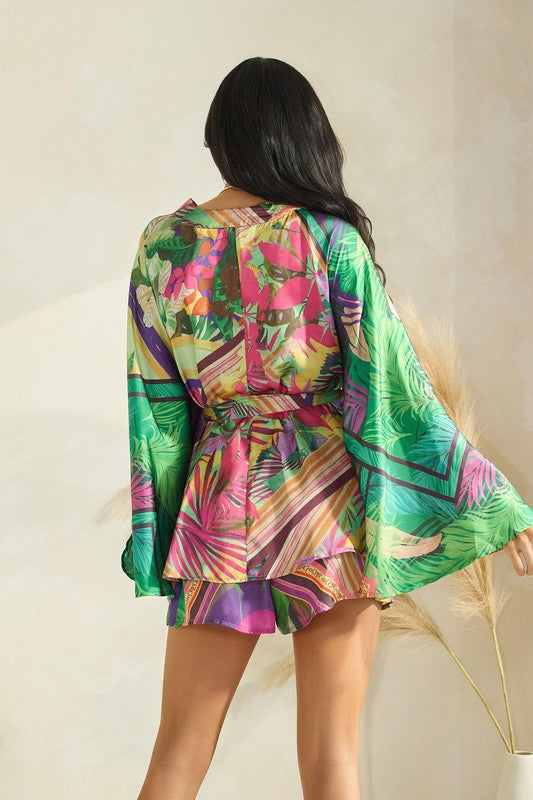 TROPICAL PRINT KIMONO TOP WITH SHORTS SET