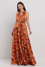 PRINTED HALTER NECK WITH METAL TIERED MAXI DRESS