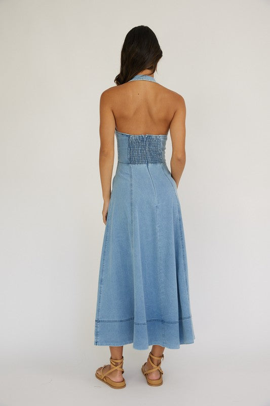 COLLARED HALTERNECK V NECKLINE DENIM MAXI DRESS WITH FRONT BUTTONS AND OPEN BACK
