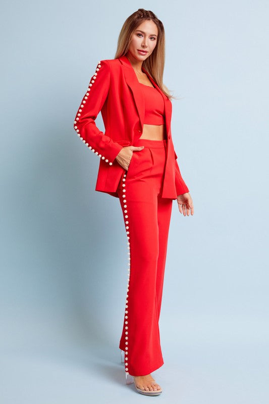 PEARL DETAIL BLAZER AND PANT SET  3PC