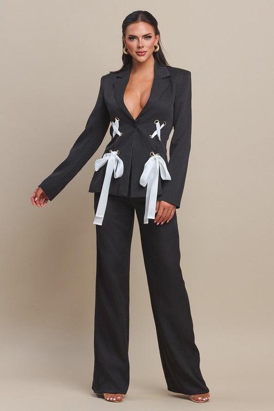 RIBBON DETAIL BLAZER WITH MATCHING PANT SET