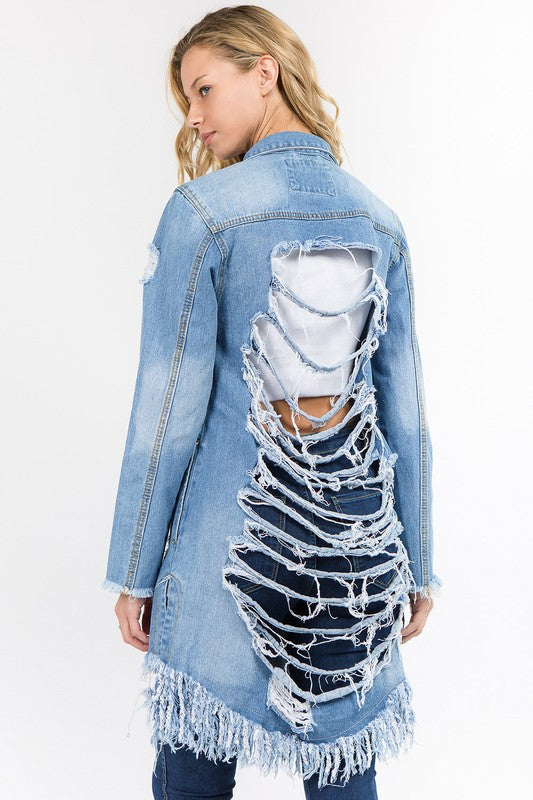 DISTRESSED LONG LENGTH DENIM JACKET - PRIVILEGE 