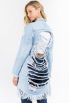 DISTRESSED LONG LENGTH DENIM JACKET - PRIVILEGE 