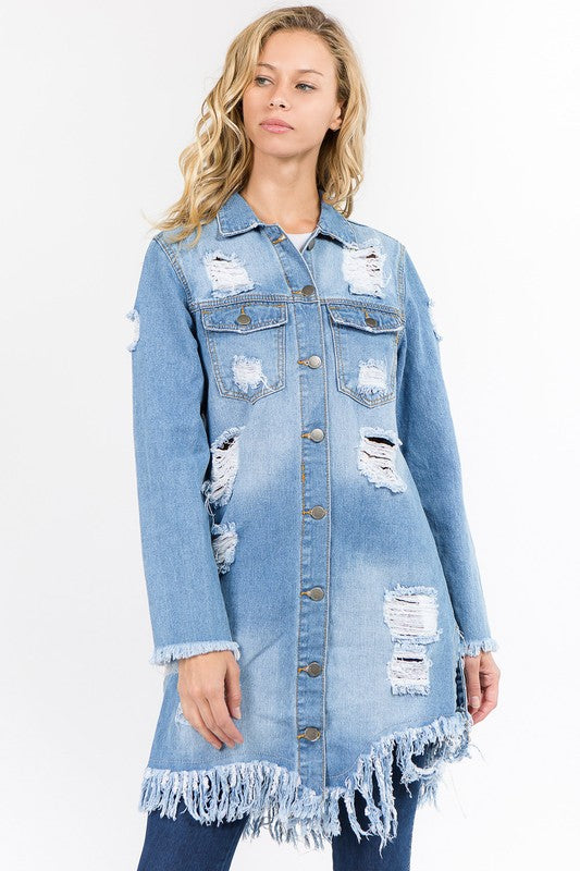 DISTRESSED LONG LENGTH DENIM JACKET - PRIVILEGE 