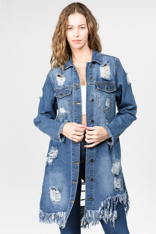 DISTRESSED LONG LENGTH DENIM JACKET - PRIVILEGE 