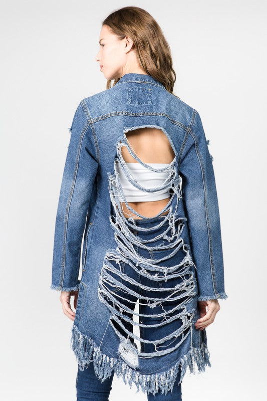 DISTRESSED LONG LENGTH DENIM JACKET - PRIVILEGE 