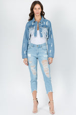 TORN DENIM CROP JACKET DENIM - PRIVILEGE 