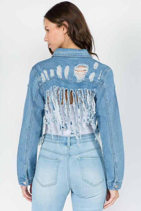 TORN DENIM CROP JACKET DENIM - PRIVILEGE 