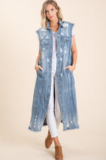 SLEEVELESS DENIM DISTRESS LONG DENIM JACKET - PRIVILEGE 