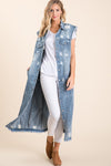 SLEEVELESS DENIM DISTRESS LONG DENIM JACKET - PRIVILEGE 