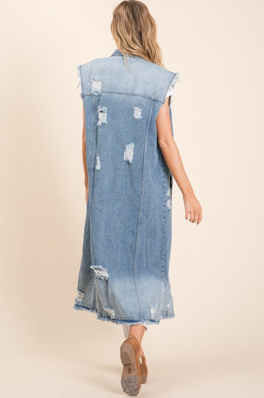 SLEEVELESS DENIM DISTRESS LONG DENIM JACKET - PRIVILEGE 