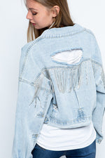 RHINESTONE FRINGE DISTRESSED DENIM JACKET - PRIVILEGE 