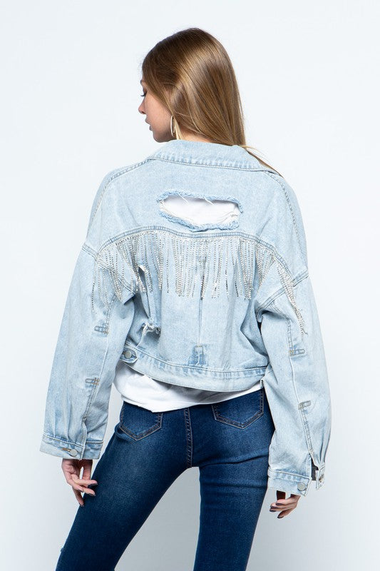 RHINESTONE FRINGE DISTRESSED DENIM JACKET – PRIVILEGE