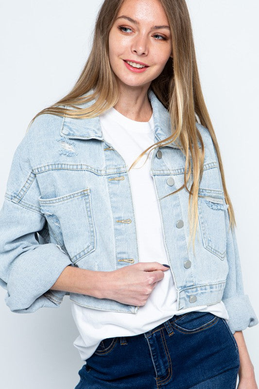 RHINESTONE FRINGE DISTRESSED DENIM JACKET - PRIVILEGE 