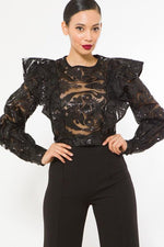 LONG SLEEVE FASHION SEQUINS CROCHET CROP TOP - PRIVILEGE 