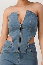 DENIM TUBE ZIPPER JUMPSUIT - PRIVILEGE 