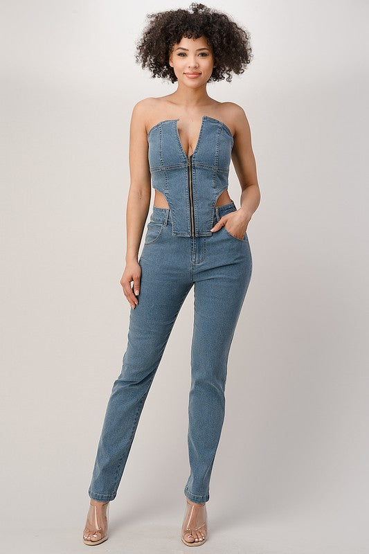 DENIM TUBE ZIPPER JUMPSUIT - PRIVILEGE 