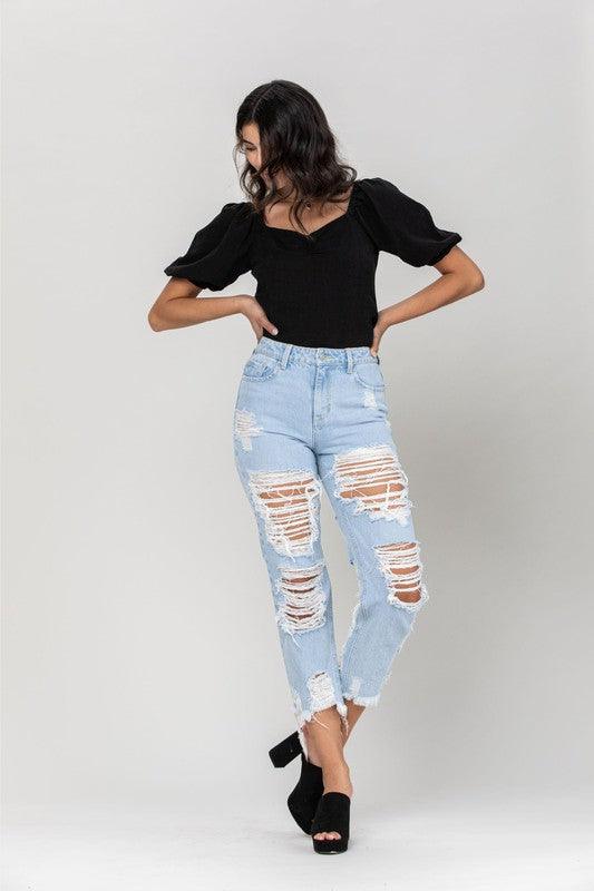 High Rise All Over Distress Straight JEANS - PRIVILEGE 