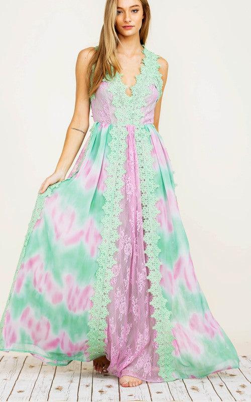 TIE DYE LACE TRIM MAXI DRESS - PRIVILEGE 