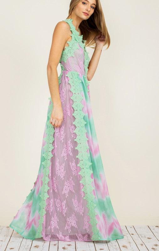 TIE DYE LACE TRIM MAXI DRESS - PRIVILEGE 