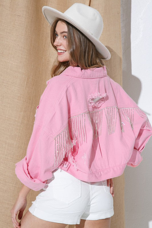 rhinestone fringe denim jacket - hot pink – shoppinkdoorboutique
