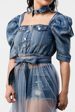 DENIM HALF JACKET WITH TULLE DETAIL - PRIVILEGE 