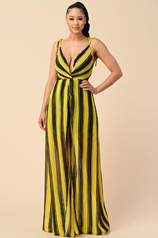 STRIPED LOW V-NECK MAXI DRESS - PRIVILEGE 