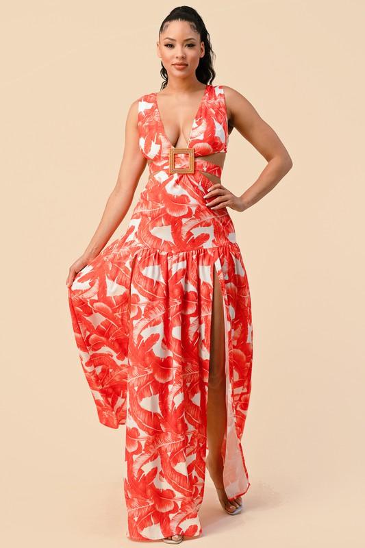 LEAF PRINT MAXI DRESS CUTOUT SIDES - PRIVILEGE 