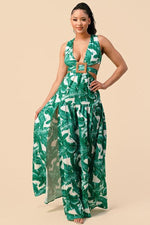 LEAF PRINT MAXI DRESS CUTOUT SIDES - PRIVILEGE 