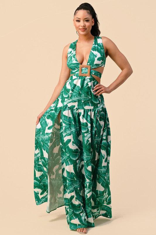 LEAF PRINT MAXI DRESS CUTOUT SIDES - PRIVILEGE 