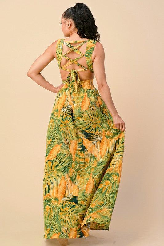 TROPICAL PRINT MAXI DRESS, SQUARE BUCKLE FRONT DETAIL, CRISS CROSS BACK TIE - PRIVILEGE 